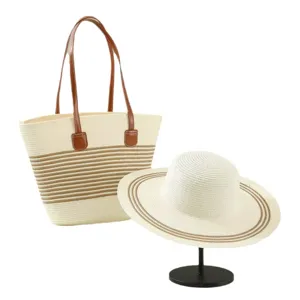 Women summer straw woven tote bag and sun hat set, casual beach vacation chic shoulder bag.