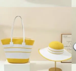 Sommer Strand Strohhut und Handtasche Set gelb weiss gestreift fuer Damen Strandurlaub.
