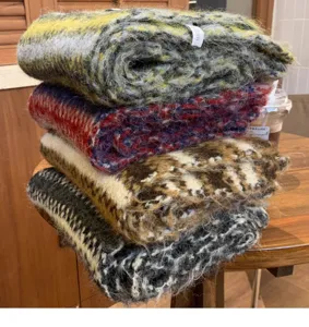 Chunky mohair winter knitted scarf, cozy striped warm fashion neck warmer for cold days.