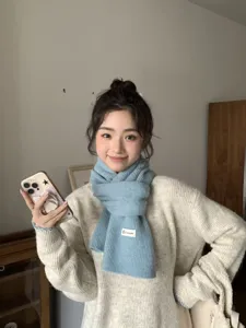 Winter soft knit blue scarf for women, cozy and warm thickening neck warmer for cold weather.