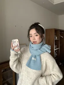 Korean soft blue knitted wool scarf for women winter warm thick neck guard close up