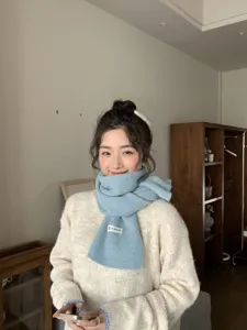 Soft knit blue winter scarf for women, cozy warm neck warmer with cute label design, daily wear.