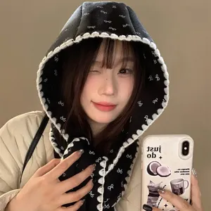 Écharpe à capuche imprimé nœud style coréen pour femmes, bonnet d'hiver chaud en tricot.