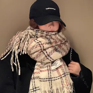 Écharpe Imitation Cachemire Chaude d'Hiver pour Femmes Classique Carreaux Glands Long Châle Doux Casual Quotidien Cou Écharpe