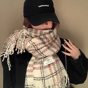 Écharpe à franges à carreaux automne hiver style coréen pour femmes, châle chaud tricoté.