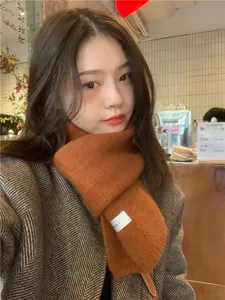 Close-up detail of a stylish caramel knit winter scarf worn by a model in a cozy cafe setting.