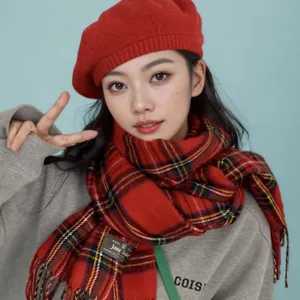 Femme Carreaux Rouges Hiver Écharpe Chaud Imitation Cachemire Gland Long Châle Classique Tartan Envelopper