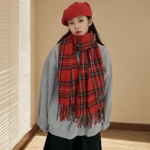 Femme écharpe à carreaux rouge hiver chaude imitation cachemire frange classique foulard douillet