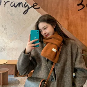 Winter solid color knitted scarf detail, soft warm wool neck warmer for women and fashion daily use.