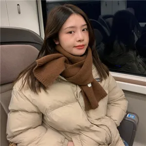 Cozy winter brown knit scarf for women, soft solid color Japanese style warm neck warmer.