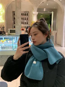 Cozy blue knitted winter scarf detail, soft texture and stylish design for cold days.
