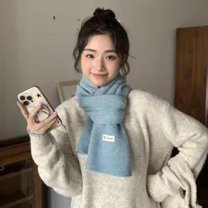 Korean soft knitted blue scarf winter women warm thick neck guard main product display