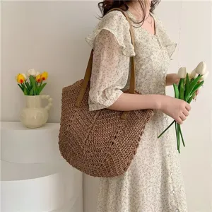 Borsa a spalla in paglia casual da donna, grande borsa da spiaggia e borsa elegante.