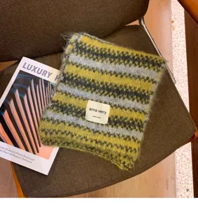 Korean style cozy wool-blend striped winter knitted scarf for women and men warmth.