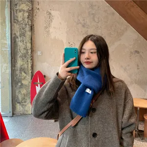 Cozy winter blue knitted scarf for women and men, classic solid color daily warm neck wrap.