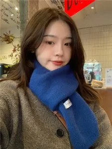 Cozy blue knitted scarf for women, solid color winter warm neck wrap for daily wear.