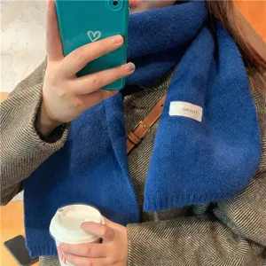 Winter warm knitted scarf for women, classic solid blue woolen neck warmer, cozy daily wear.