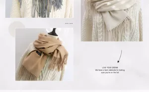 Detailed view of the solid color tassel scarf, soft cashmere feel texture for winter wear.