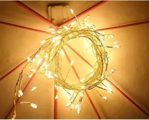 Macro view of warm white LED copper wire fairy lights glowing on an umbrella frame