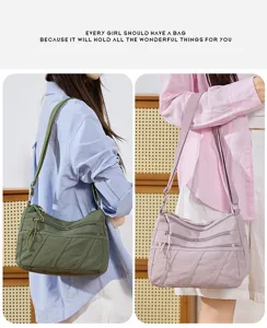 Washed nylon shoulder bag for women, multi-zipper double layer casual crossbody handbag.