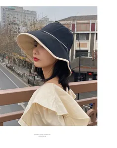 Femme ete grand bord chapeau bob noir mode decontracté protection solaire chapeau