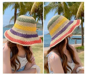 Summer colorful striped raffia sun hat, wide brim beach travel straw sunshade hat for women.
