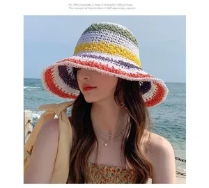 Colorful striped raffia sun hat for women summer beach UV protection bucket straw hat