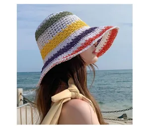 Colorful striped raffia sun hat for women, wide brim beach straw hat for summer travel vacation.