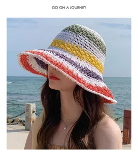 Detail shot of colorful striped raffia sun hat, summer beach style and woven texture.