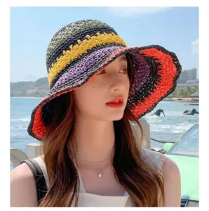 Colorful raffia sun hat for women summer beach vacation UV protection wide brim floppy hat