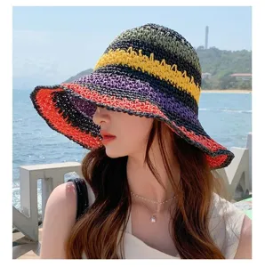 Colorful raffia sun hat for women, wide brim straw hat for summer beach travel and UV protection.