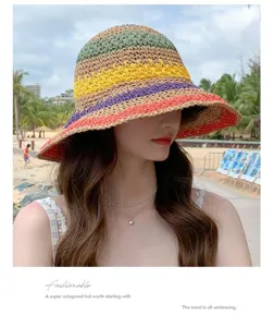 Colorful striped raffia sun hat wide brim summer beach bucket hat for women outdoor.