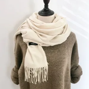 Solid color winter cashmere feel scarf for women thick long warm tassel neckerchief