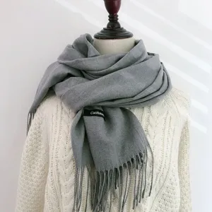 Winter solid grey cashmere feel tassel scarf for women and men, classic warm winter neck wrap.
