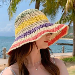 Women Straw Sun Hat Summer Travel Raffia Wide Brim Colorful Striped Beach Hat UV Protection Foldable Casual Sunhat