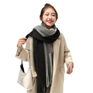 Winter warm knit scarf for women, trendy two-tone black grey casual neck warmer.