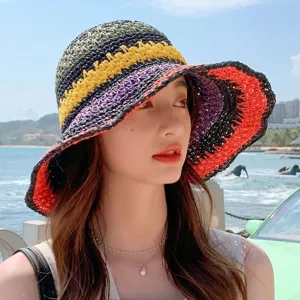 Colorful raffia straw bucket hat for women, wide brim summer beach sun hat with UV protection.