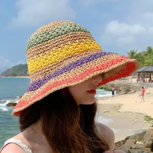 Colorful striped raffia sun hat summer beach straw hat anti-uv outdoor travel sun protection cap