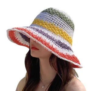 Colorful striped raffia straw bucket hat for women, summer UV protection sun hat beach cap.