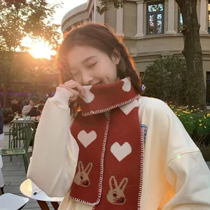 Mujer roja bufanda de punto invierno lindo corazón conejo patrón cálido lana grueso suave moda cuello
