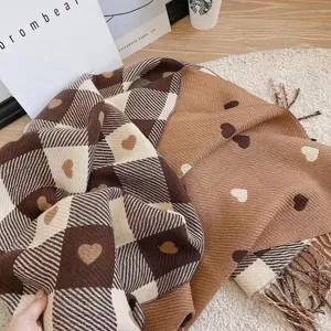 Cozy winter women plaid heart print scarf soft imitation cashmere warm fashion neck wrap