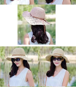 Détail du chapeau de paille ajouré style plage d'été avec une lanière en cuir marron.