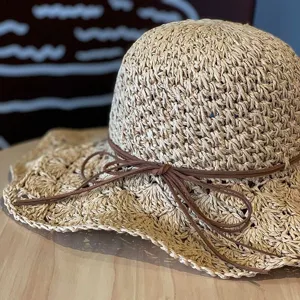 Chapeau de paille d'été femme chapeau de soleil de plage tissé à la main large bord vacances