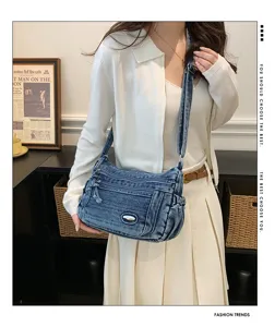 Stylish vintage denim crossbody bag for women, multi-pocket casual shoulder handbag.