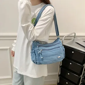Large Capacity Womens Denim Crossbody Bag Retro Casual Shoulder Bag Multi-Pocket Satchel Handbag For Daily Travel