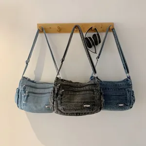 Casual denim shoulder bag for women, large capacity multi-pocket crossbody bag daily use.