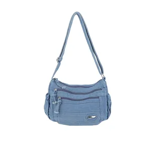 Blue denim shoulder bag, large capacity vintage crossbody bag with multiple zipper pockets.