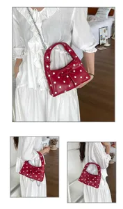 Red polka dot shoulder bag with cute bow and chain strap, stylish women daily handbag detail.