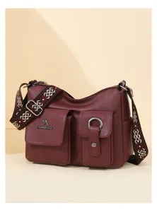 Women soft leather shoulder bag large capacity casual crossbody bag with ethnic strap