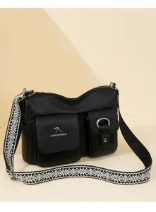 Women fashion soft leather shoulder bag with wide strap and multi pockets detail view.